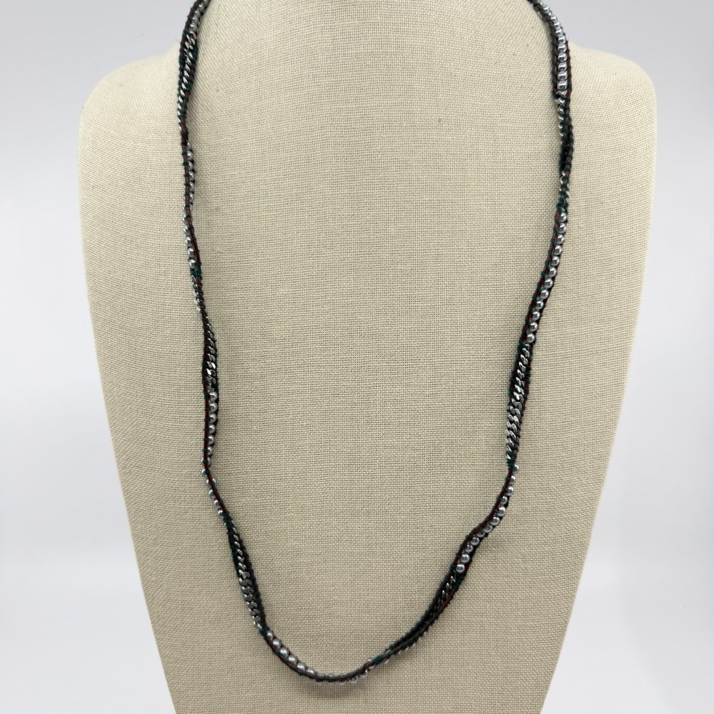 Silver Tone Chain Gray Faux Pearl Brown Leather Wrap Long Necklace Boho Gift